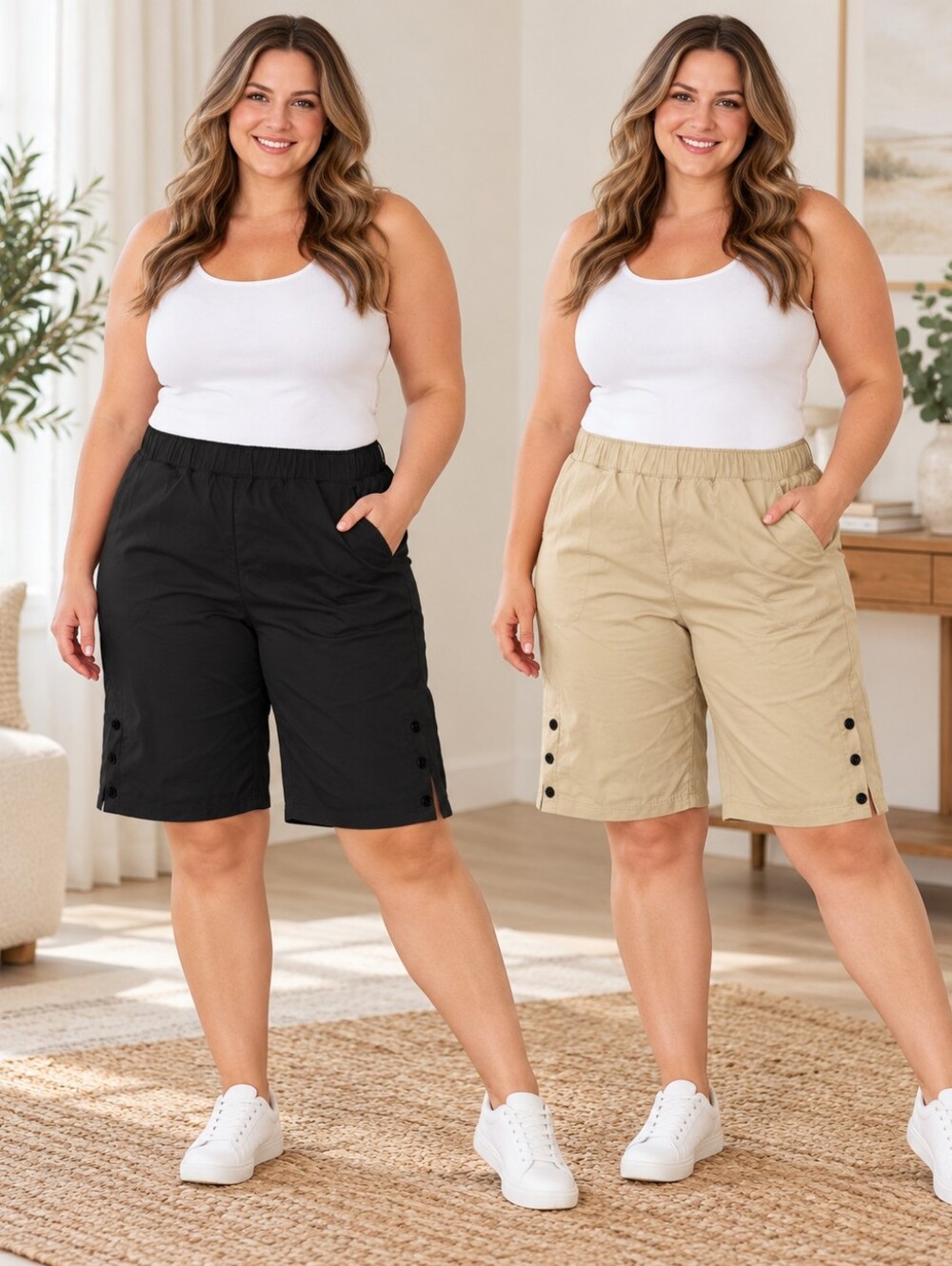 2 Pack Women’s XL Bermuda Shorts Black & Khaki Pull On Button Hem